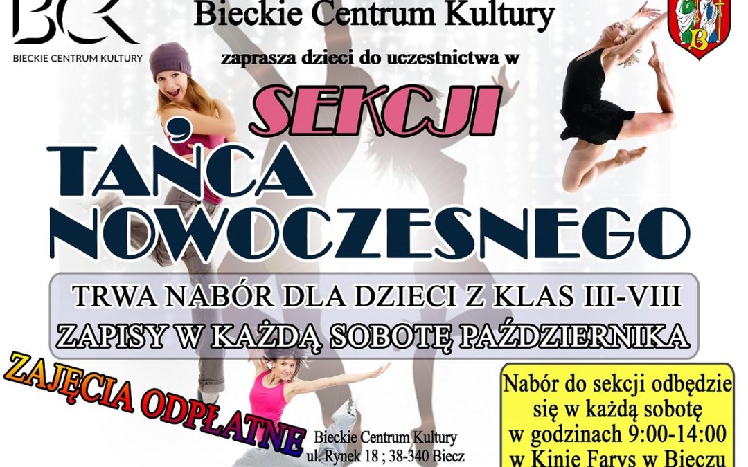 Plakat zapraszający do udziału w zajęciach z tańca nowoczesnego