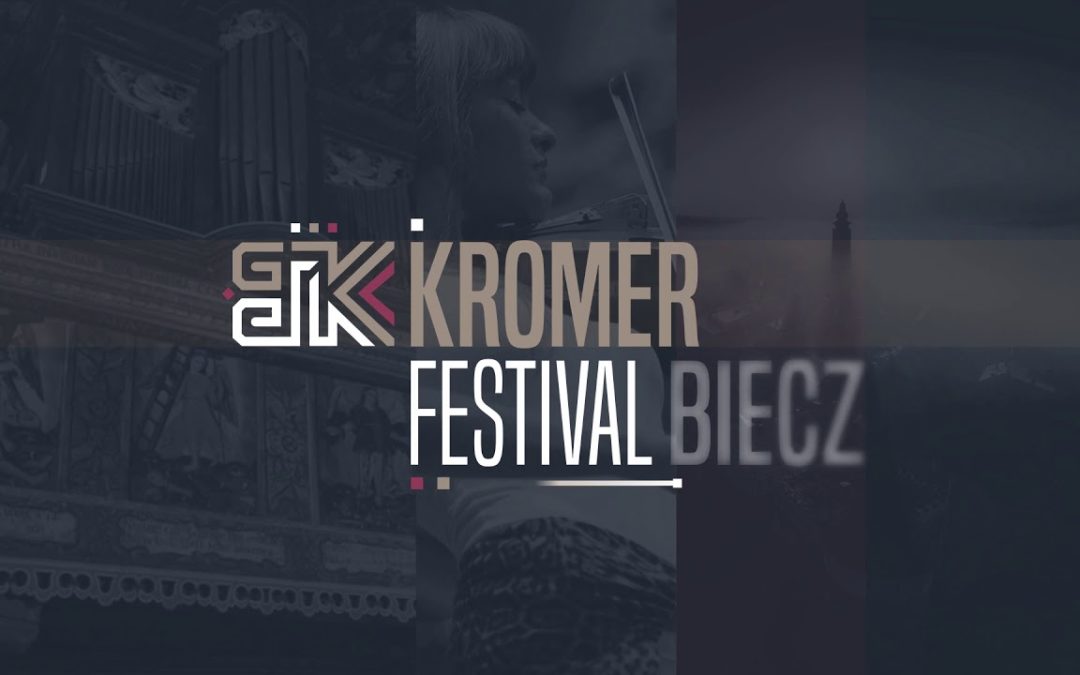 Grafika z logo Kromer Biecz Festival: w tle kolaż ze zdjęć miasta biecz i festiwalu