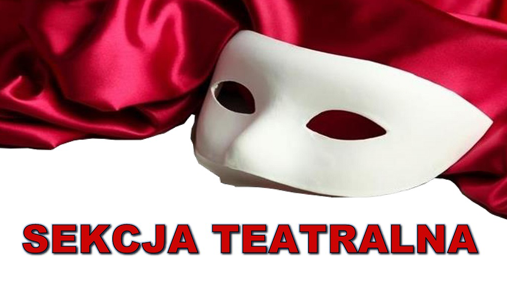 Baner sekcji teatralnej: teatralna maska zasłaniająca oczy na tle kotary